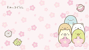 Sumikko Gurashi Characters Holding Cherry Blossoms on Pastel Pink Background HD wallpaper