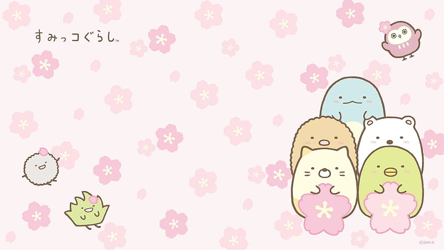 Sumikko Gurashi Characters Holding Cherry Blossoms on Pastel Pink Background HD wallpaper