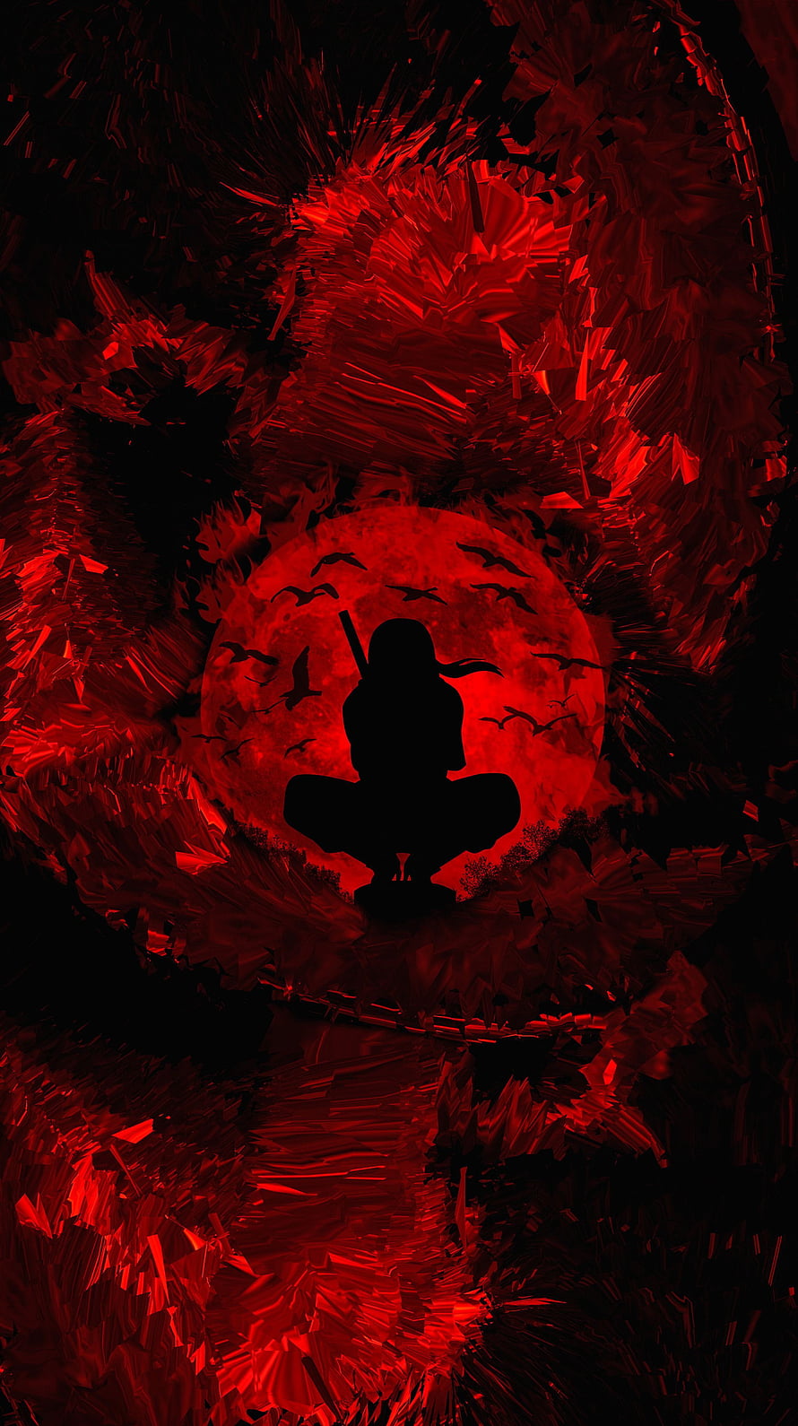 Itachi Uchiha Silhouette Meditating Before a Blood-Red Moon with Bats in a Dark Forest HD phone wallpaper