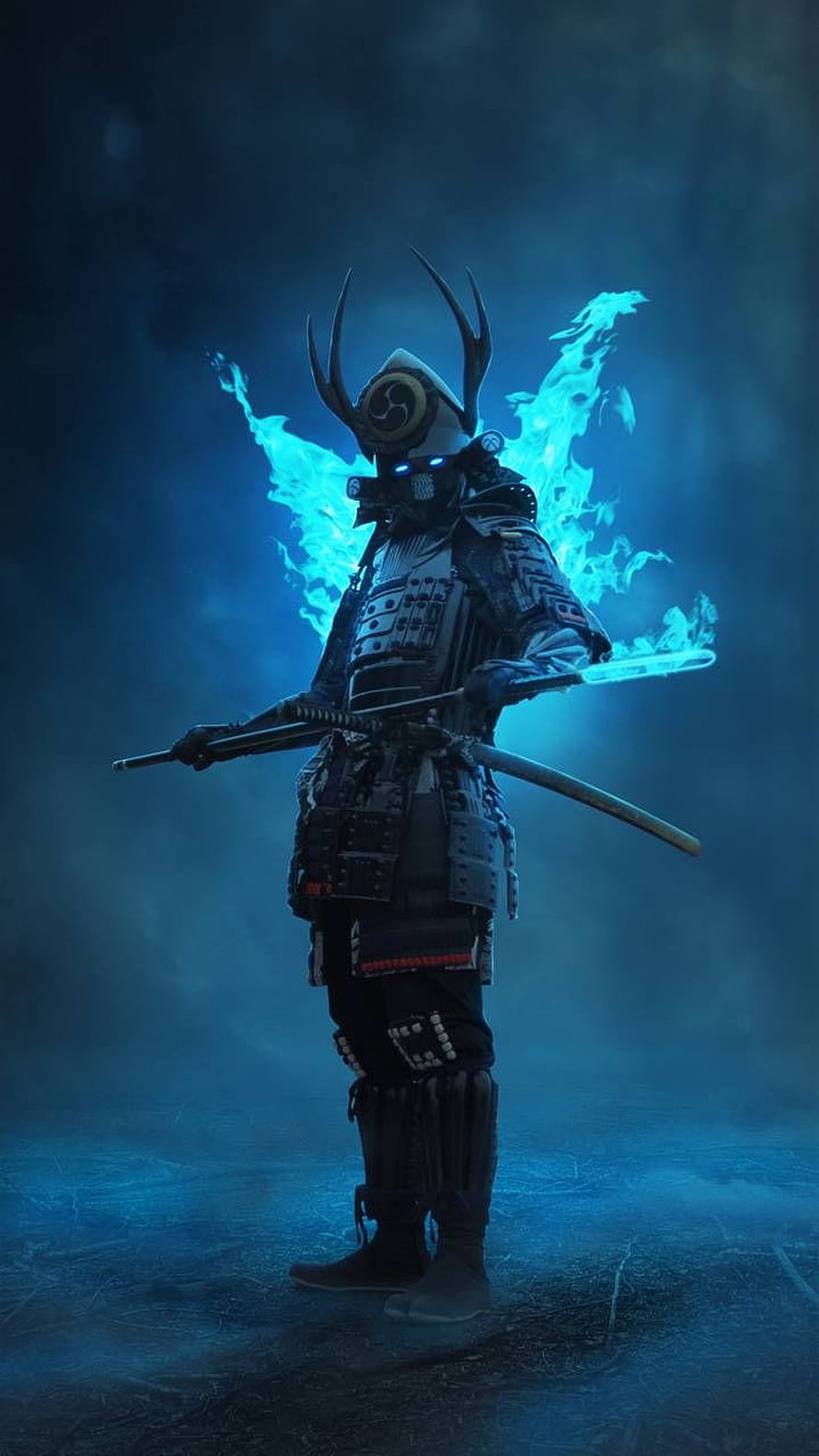 Blazing Samurai by Hasaka: Cyberpunk Warrior with Glowing Blue Energy Wings and Katana HD phone wallpaper