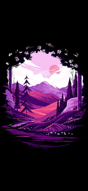 Purple Mountain Valley Landscape with Pine Trees and Setting Sun HD phone wallpaper