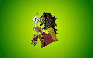 Cartoon Rastafarian Man Smoking Joint With Music Note Smoke on Green Background HD wallpaper