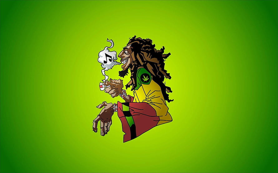 Cartoon Rastafarian Man Smoking Joint With Music Note Smoke on Green Background HD wallpaper