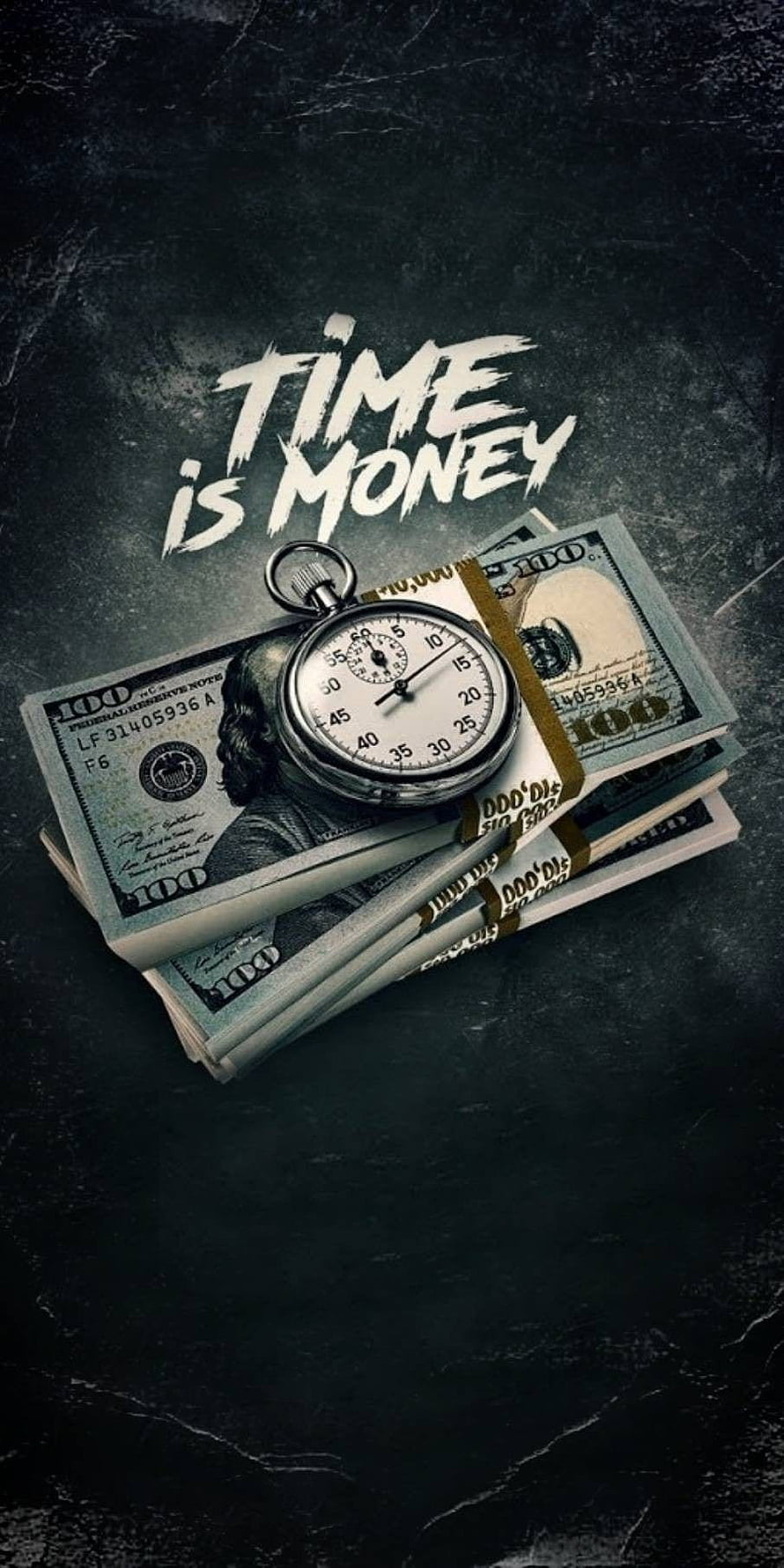 Time Is Money: Vintage Stopwatch Resting on Stacks of US Dollar Bills Against Dark Slate Background HD phone wallpaper