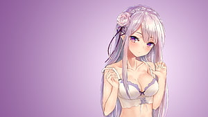 Emilia from Re:Zero in a delicate white lingerie set with a floral headpiece against a soft lavender background HD wallpaper