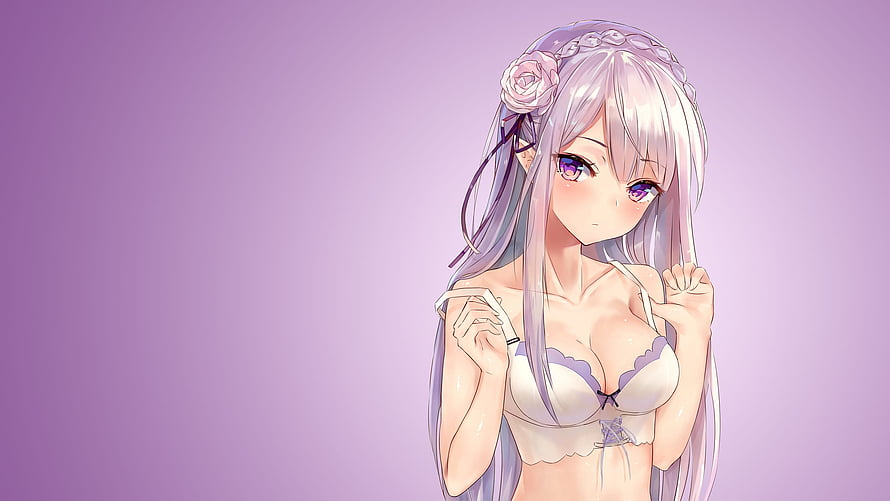 Emilia from Re:Zero in a delicate white lingerie set with a floral headpiece against a soft lavender background HD wallpaper