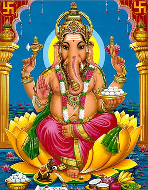 Lord Ganesha Seated on Lotus Throne with Mouse and Offerings in Traditional Indian Art HD phone wallpaper