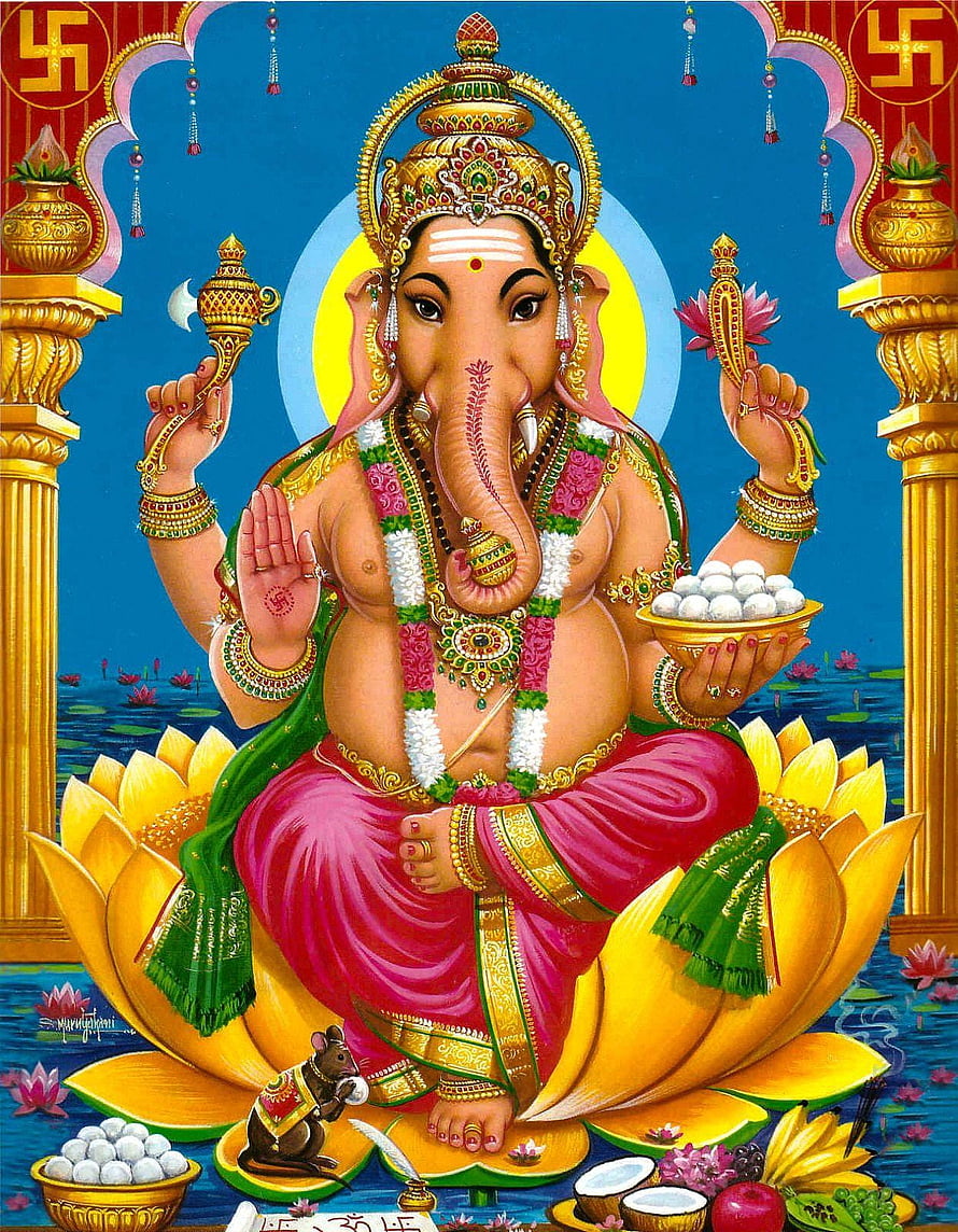 Lord Ganesha Seated on Lotus with Mouse and Offerings in Traditional Indian Art HD phone wallpaper