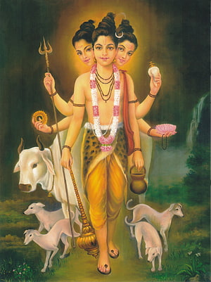 Ganesha with Trishul, Lotus, and White Cattle in a Forest Setting HD phone wallpaper