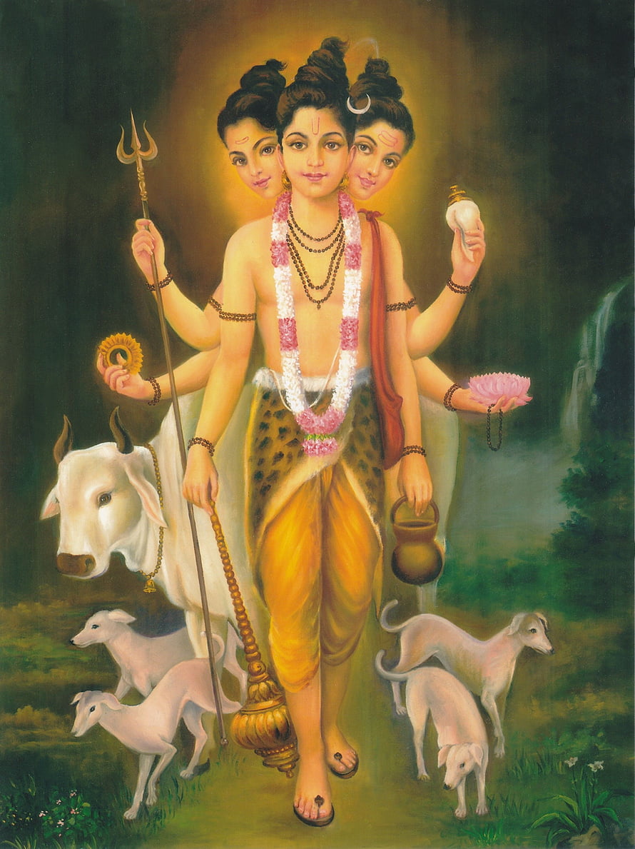 Ganesha with Trishul, Lotus, and White Cattle in a Forest Setting HD phone wallpaper