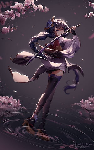 Raiden Shogun from Genshin Impact wielding a katana beneath falling cherry blossoms HD phone wallpaper