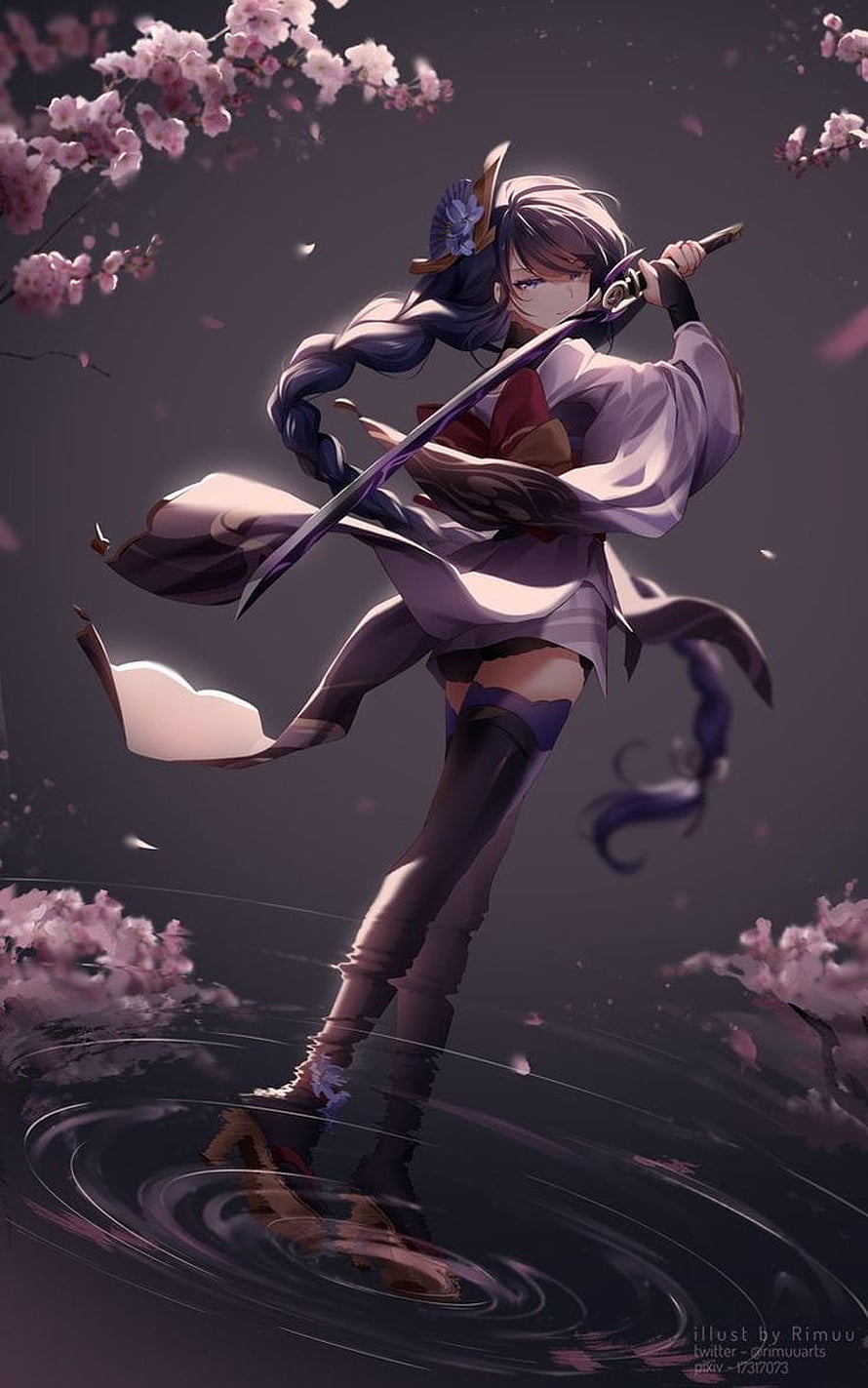 Raiden Shogun from Genshin Impact wielding a katana beneath falling cherry blossoms HD phone wallpaper