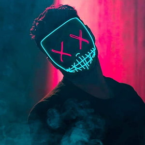 Person Wearing Glowing LED Mask with X Eyes and Stitched Mouth in Neon Smoke HD phone wallpaper