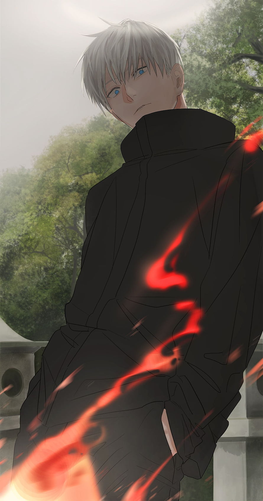 Gojo Satoru in Black Uniform with Red Energy Aura in Misty Forest HD phone wallpaper