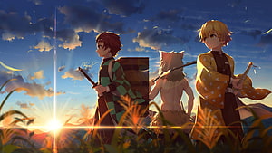 Demon Slayer Characters Standing in Golden Grass at Sunset HD wallpaper