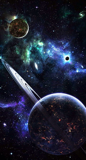 Vibrant Cosmic Scene Featuring Ringed Planet, Nebulae, and Distant Stars in Deep Space HD phone wallpaper