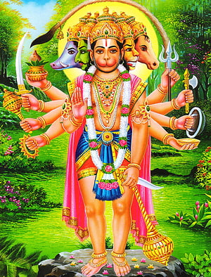 Panchmukhi Hanuman Ji Five-Faced Hindu Deity Artwork with Weapons and Garland, god for mobile,guru,mythology,hindu temple,art,temple, panchmukhi hanuman ji HD phone wallpaper