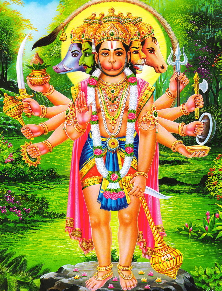 Panchmukhi Hanuman Ji Five-Faced Hindu Deity Artwork with Weapons and Garland HD phone wallpaper