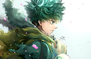 Izuku Midoriya Vigilante Profile with Green Hair and Drifting Petals HD wallpaper