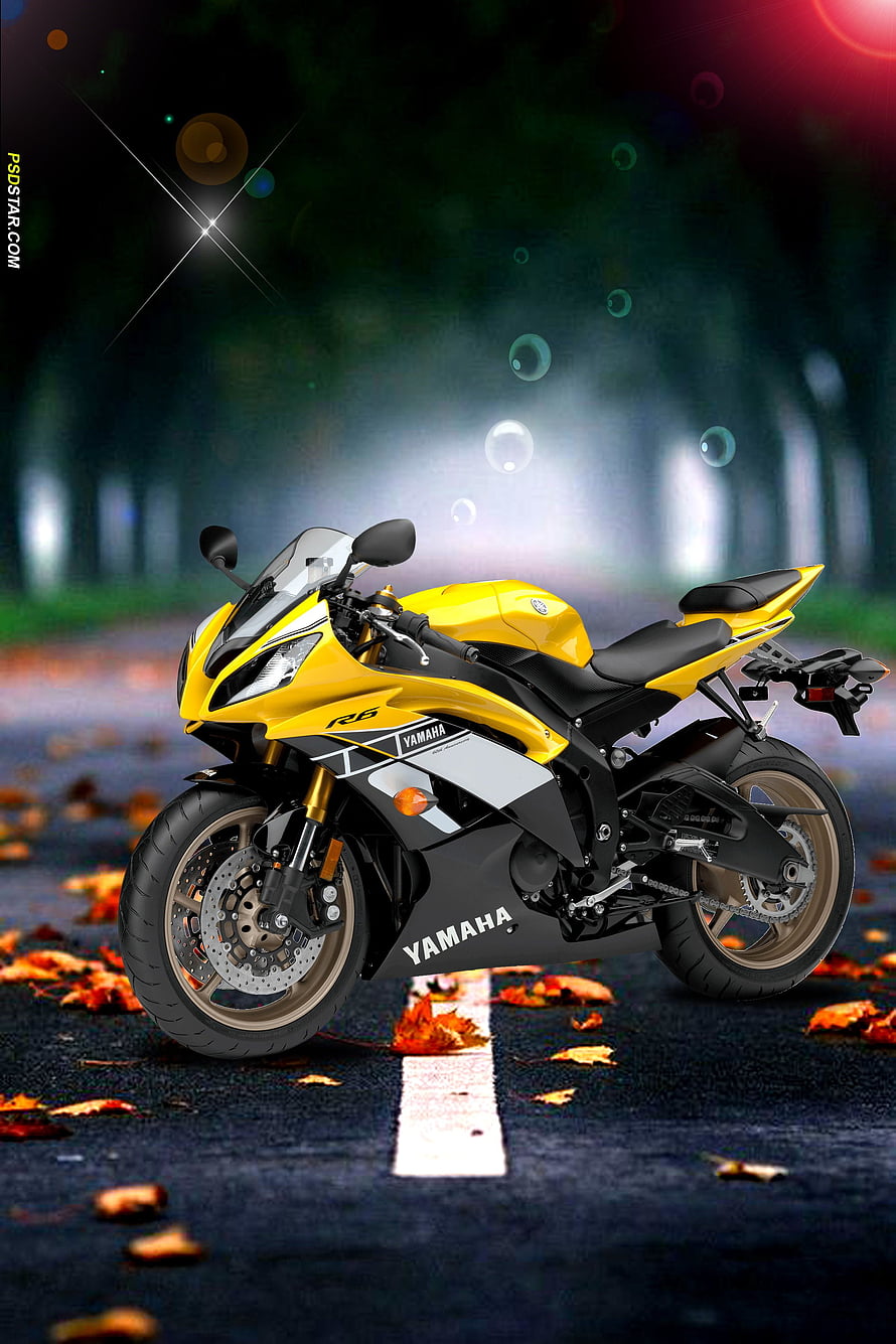 Yellow Yamaha R6 Sportbike on Autumn Road with Bokeh Lights HD phone wallpaper