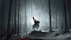 Samurai and Deer in Misty Forest with Glitch Art Effect HD wallpaper