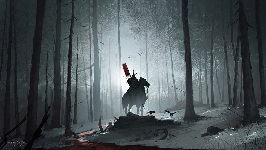 Samurai and Deer in Misty Forest with Glitch Art Effect HD wallpaper