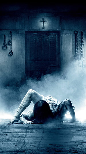 Dark Horror Scene With Woman Crawling In Foggy Room With Chains And Cross HD phone wallpaper