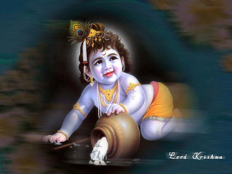 Baby Krishna Stealing Butter from a Pot in a Traditional Indian Painting HD wallpaper