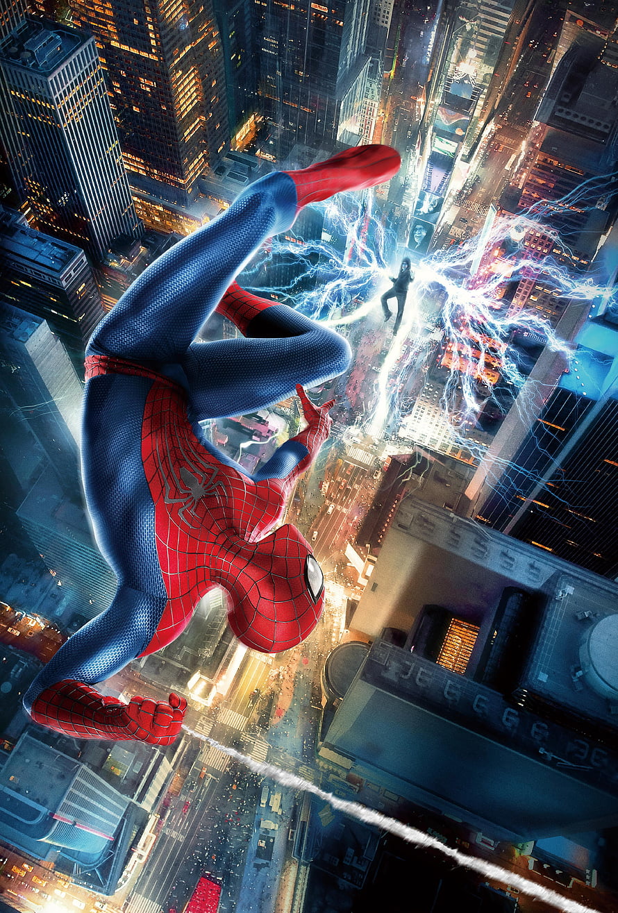 The Amazing Spider-Man and Electro in an Electric Aerial Battle Over a Nighttime City HD phone wallpaper