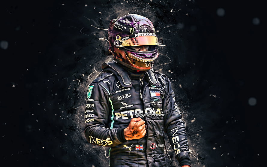 Lewis Hamilton in Mercedes Petronas Racing Suit with Victory Fist Pump HD wallpaper