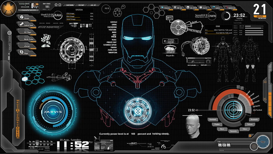 Iron Man Jarvis Holographic Interface with Arc Reactor and HUD Elements HD wallpaper