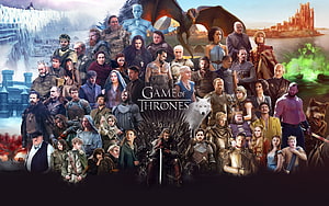Game of Thrones Ensemble Cast Poster Featuring Iron Throne and Major Characters HD wallpaper