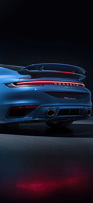 Rear View of Blue Porsche 911 Turbo S with Active Spoiler and LED Taillights HD phone wallpaper