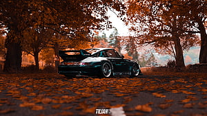 RWB Porsche 911 Widebody Coupe Parked on Autumn Road with Falling Leaves HD wallpaper