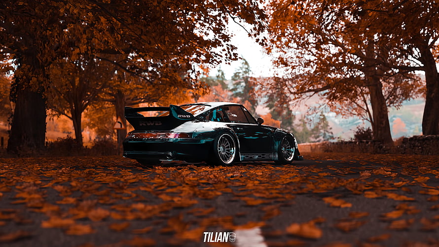 RWB Porsche 911 Widebody Coupe Parked on Autumn Road with Falling Leaves HD wallpaper