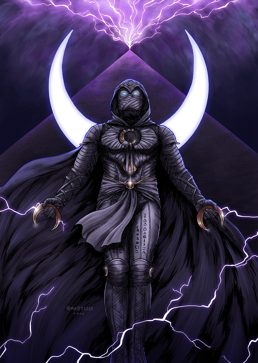 Moon Knight digital illustration featuring a hooded figure with glowing eyes, crescent moon backdrop, and purple lightning HD phone wallpaper