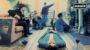 Oasis Band Members Relaxed in Living Room with Guitars and Wine HD wallpaper