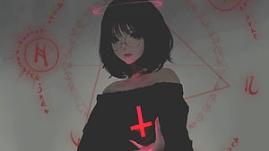 Dark Anime Girl with Glowing Red Cross and Occult Symbols HD wallpaper
