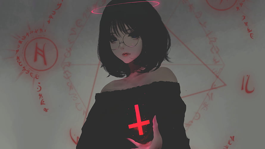 Dark Anime Girl with Glowing Red Cross and Occult Symbols HD wallpaper