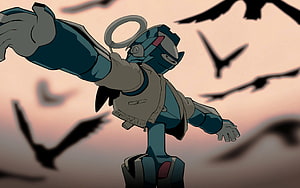 Canti from FLCL in a dynamic flying pose surrounded by crows against a sunset sky HD wallpaper