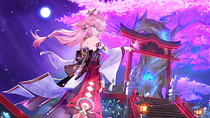 Yae Miko in Genshin Impact Standing Before a Torii Gate Under Moonlit Cherry Blossoms HD wallpaper