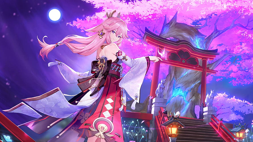 Yae Miko in Genshin Impact Standing Before a Torii Gate Under Moonlit Cherry Blossoms HD wallpaper