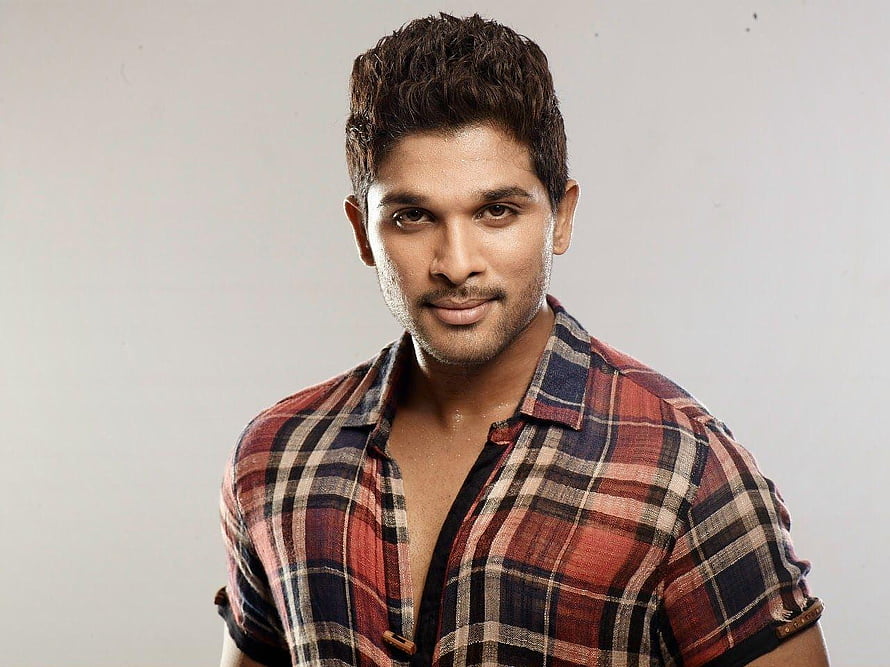 Allu Arjun Studio Portrait in Red Plaid Shirt Against Neutral Background HD wallpaper