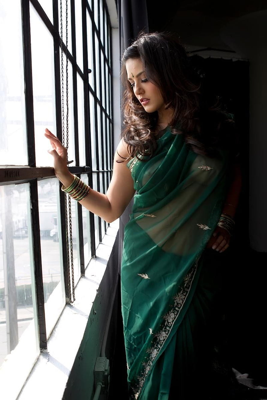 Sunny Leone in an elegant emerald green saree with gold embroidery standing by a window HD phone wallpaper