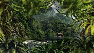 Jurassic Park Tropical Jungle Waterfall and Mountain Landscape HD wallpaper