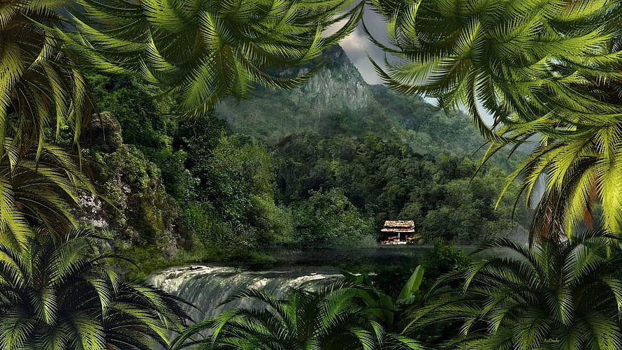 Jurassic Park Tropical Jungle Waterfall and Mountain Landscape HD wallpaper