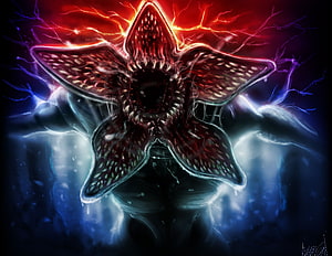 Demogorgon from Stranger Things with glowing red maw and electric energy aura HD wallpaper