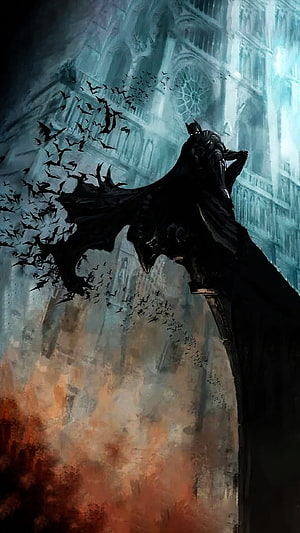 Batman Perched on Gargoyle with Swirling Bats Against Gothic Cathedral HD phone wallpaper