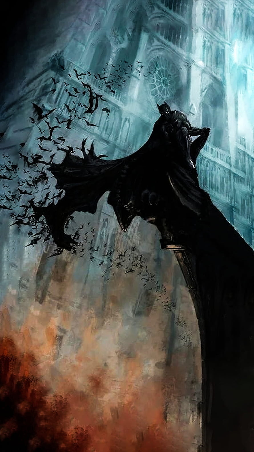 Batman Perched on Gargoyle with Swirling Bats Against Gothic Cathedral HD phone wallpaper