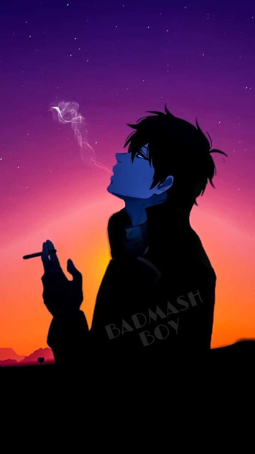 Anime Boy Smoking Cigarette Against Vibrant Sunset Sky HD phone wallpaper